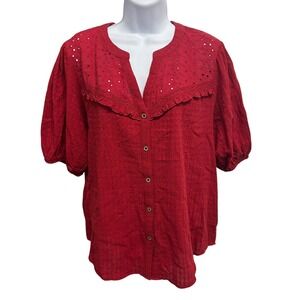 Knox Rose Red Eyelet Collar Puff Sleeve Button Up Blouse Women Size L